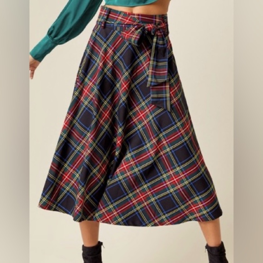 NWT Allison Mi Ami Plaid Tie Waist Midi Skirt Size M